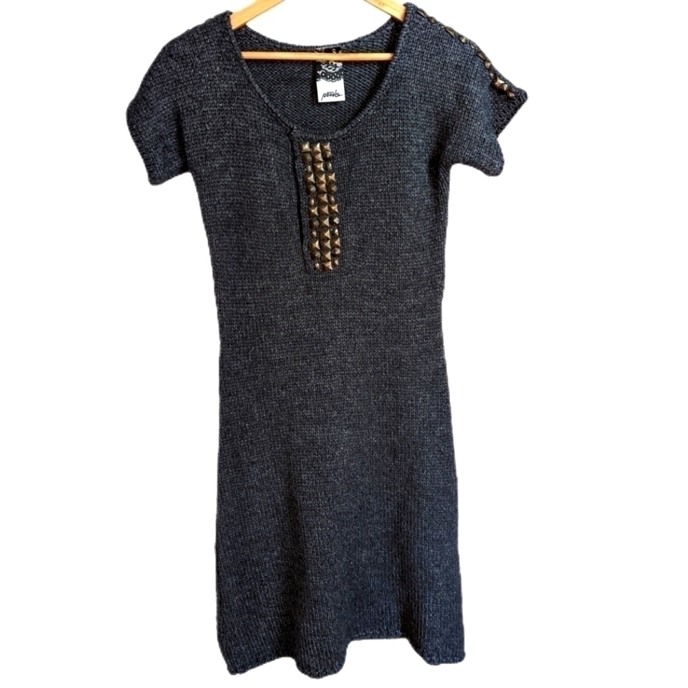 𝅺POOOLS Grey Wool & Alpaca Chunky Knit Studded Dress Size Medium